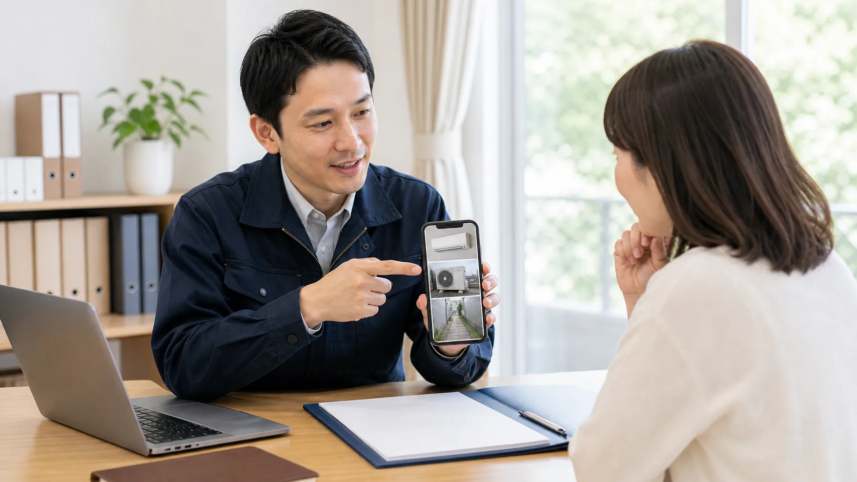 リサイクル券を買ったあとエアコンの回収方法を相談する様子