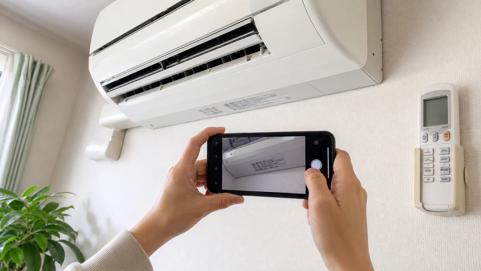 エアコンの銘板をスマホで撮影してメーカーと型番を確認する様子