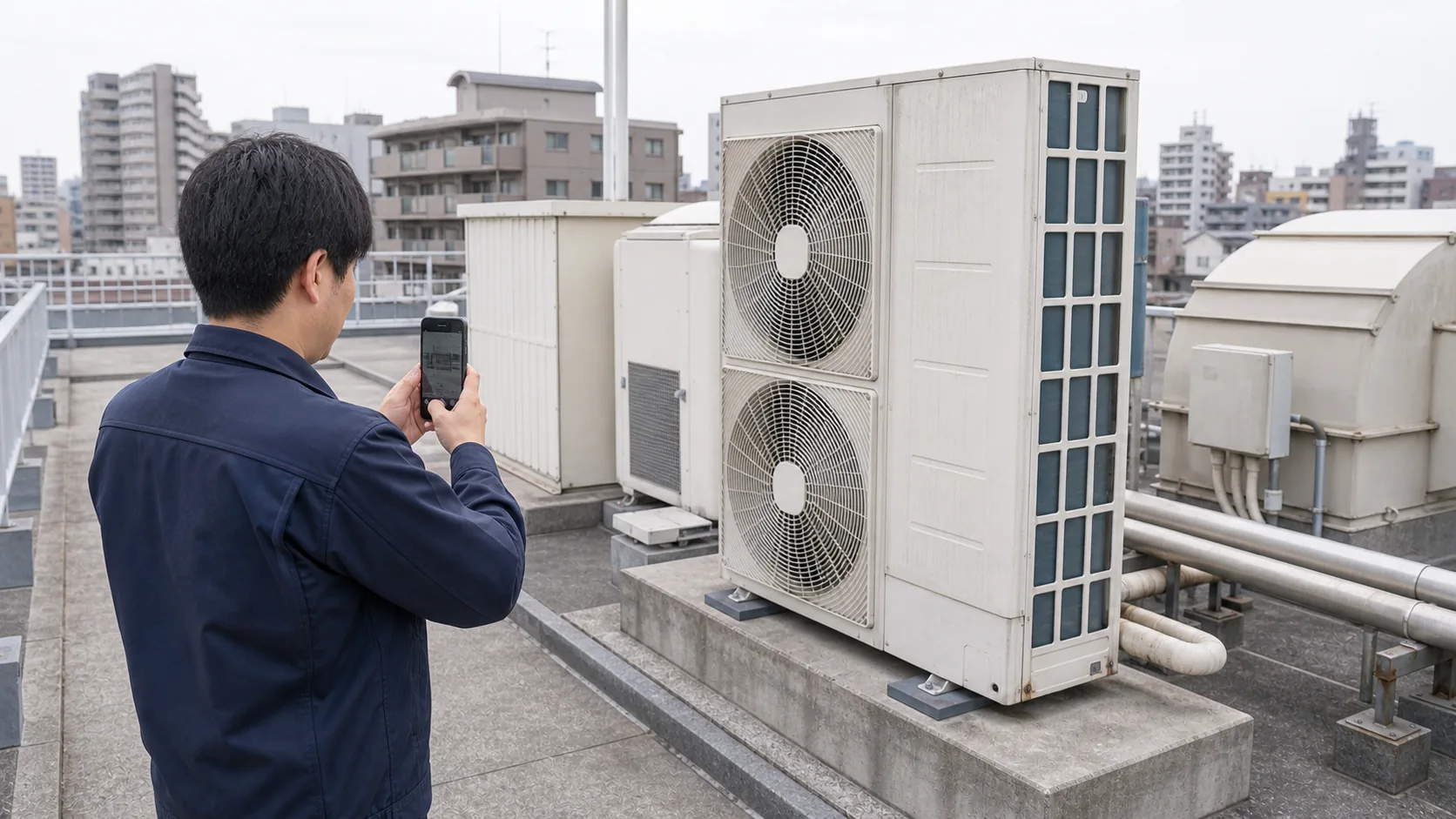 業務用エアコンの室外機と搬出経路を確認する様子