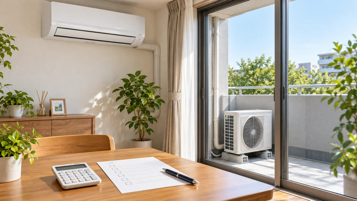 室内機とベランダの室外機、見積もり項目を整理するメモと電卓