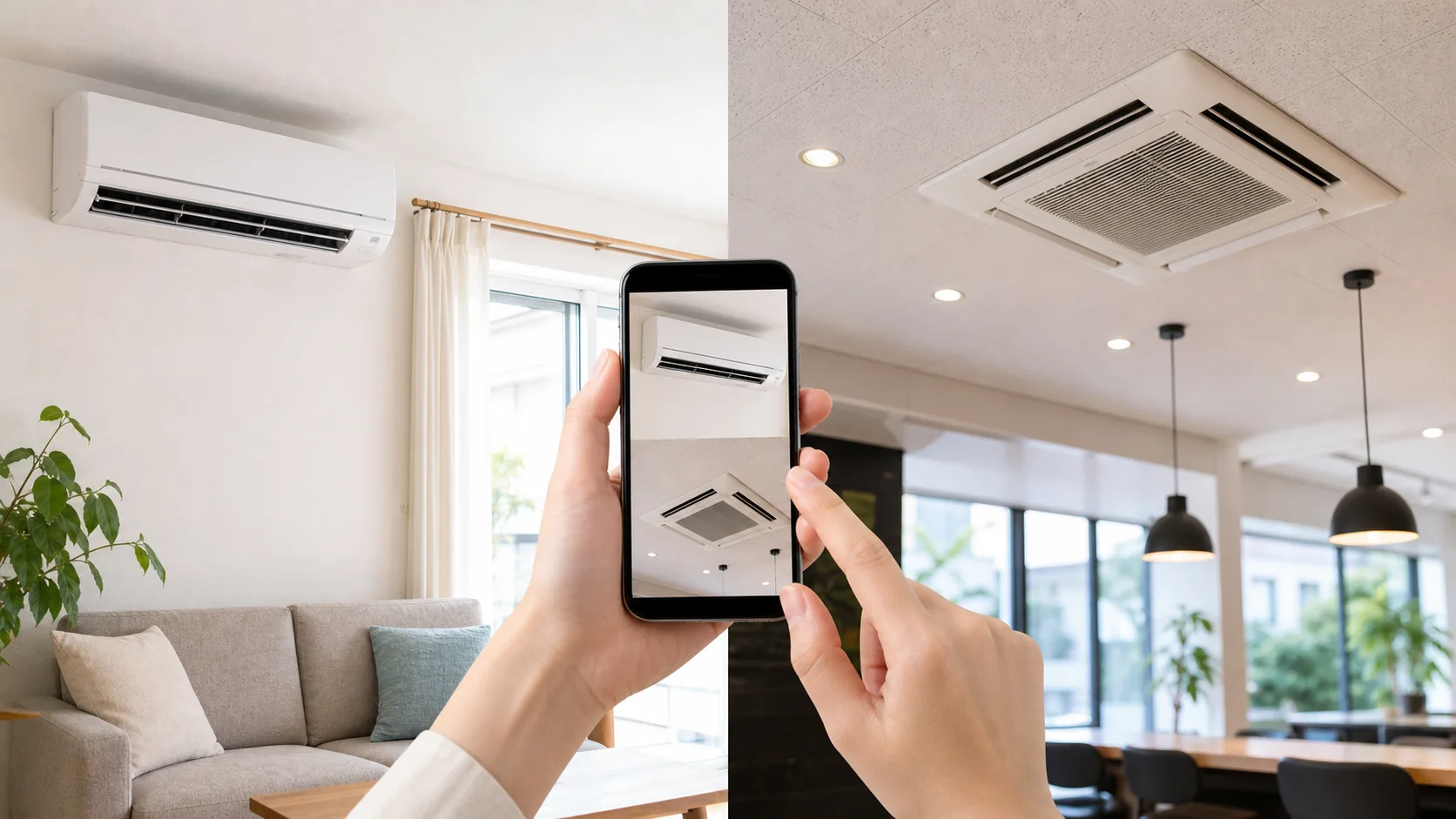 家庭用壁掛けエアコンと業務用天井カセット型エアコンを写真で確認する様子