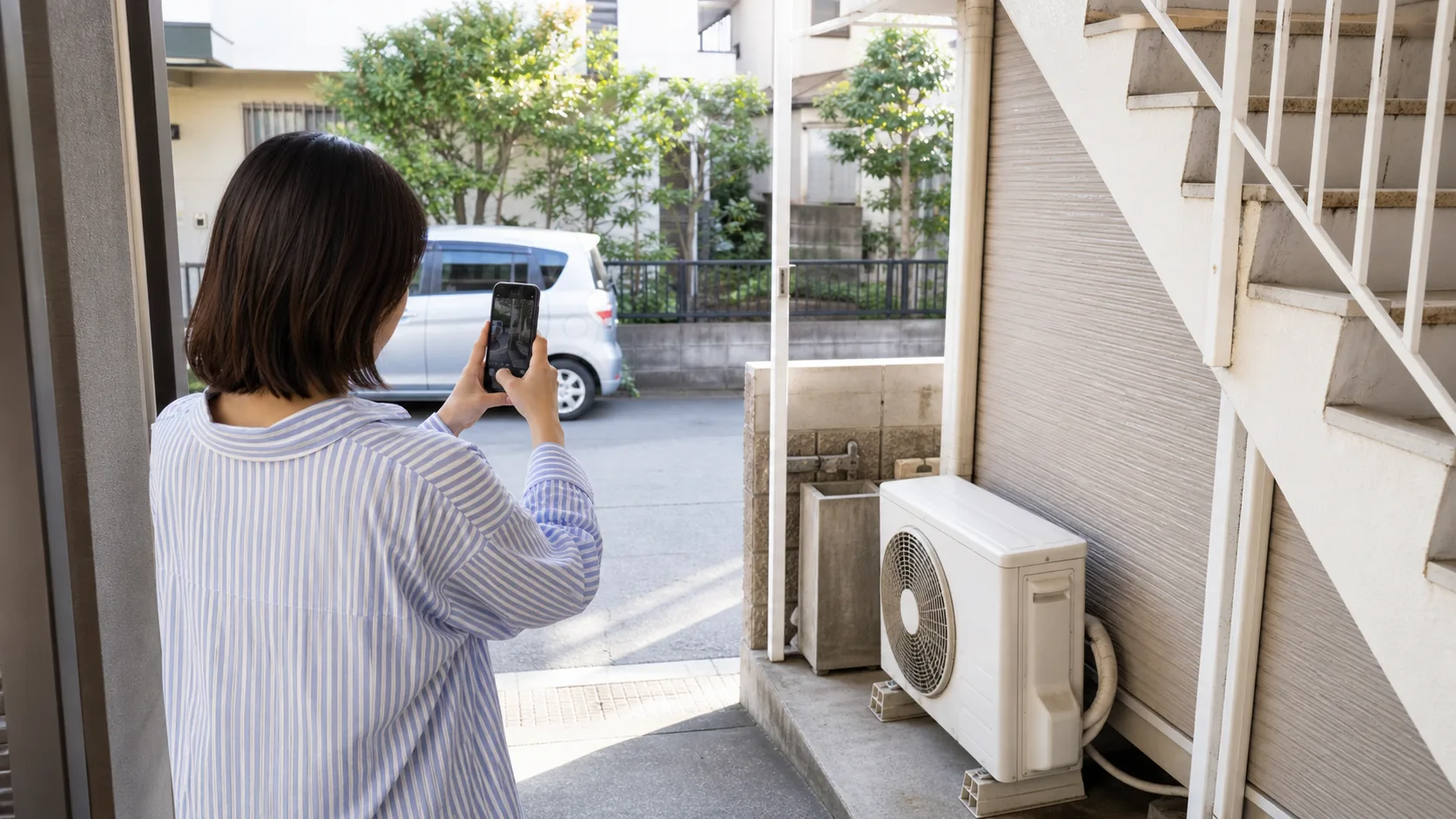 室外機と階段と搬出経路を郵便局へ行く前に写真で確認する様子