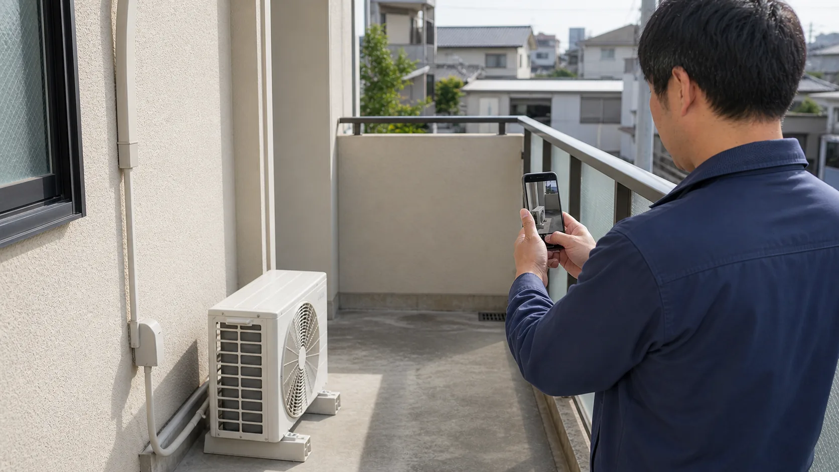 室外機だけ残った時にリサイクル券と回収を確認する様子