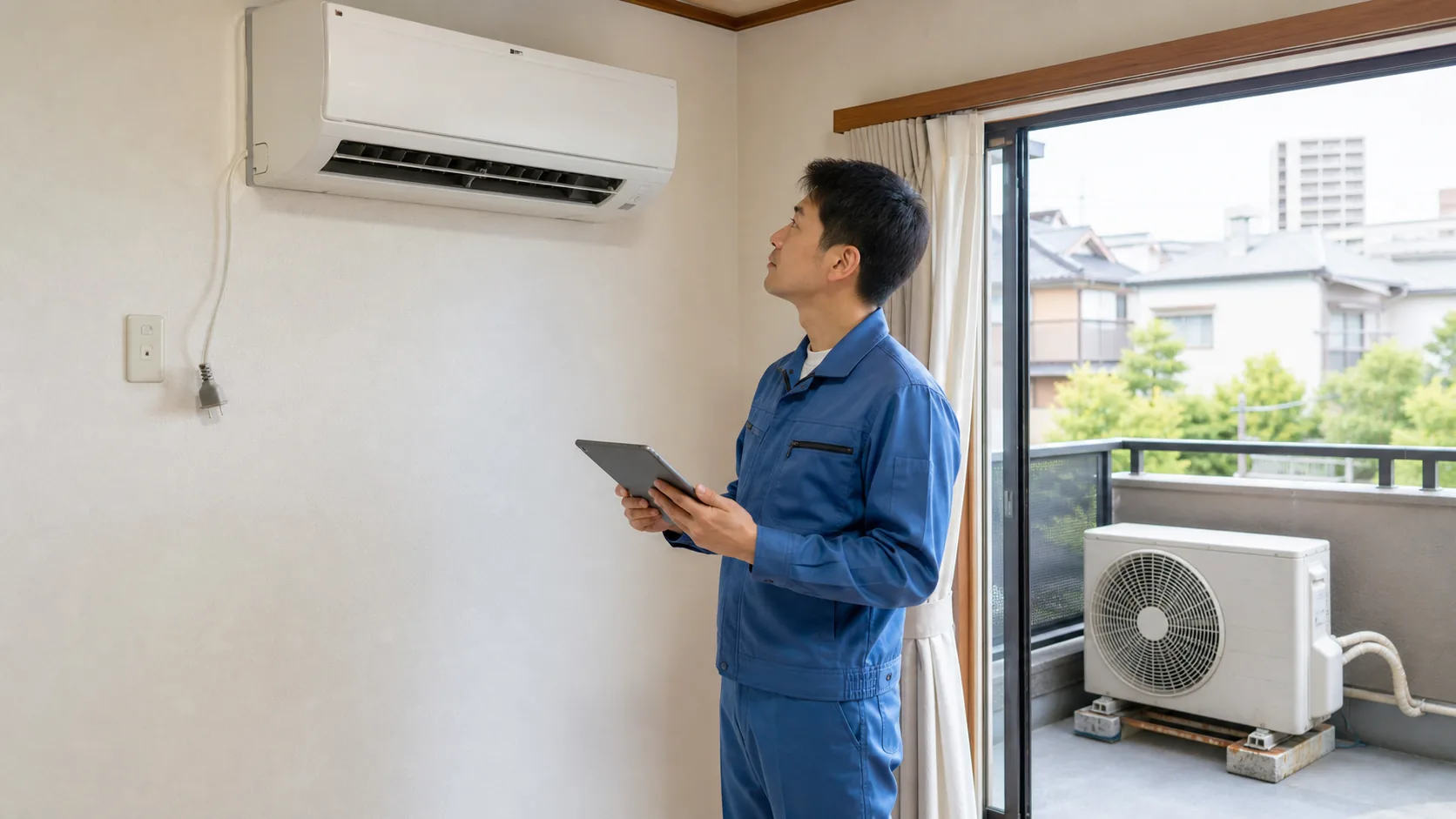 使わないエアコンの放置による火災と室外機落下の危険を確認する様子