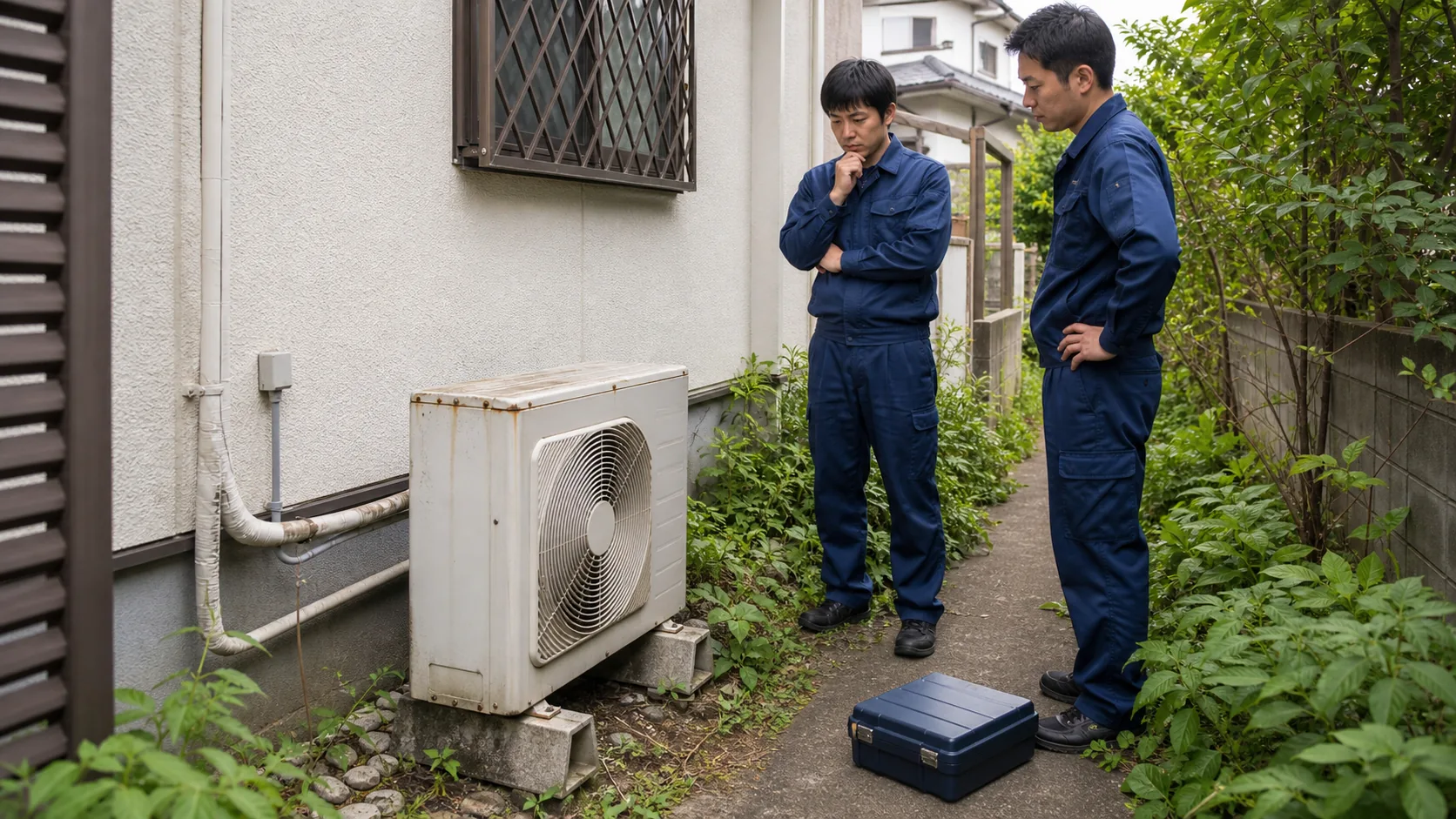 長期放置したエアコンの撤去前に錆と配管と搬出経路を確認する様子
