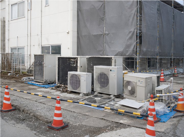 建物解体前のエアコン事前撤去・フロン回収の施工イメージ